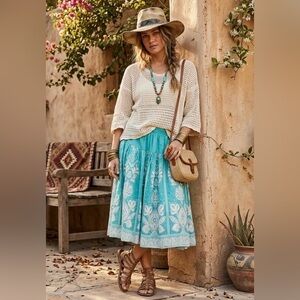 Only Necessities Teal Turquoise Skirt Size 1X Floral Paisley Print Boho Western